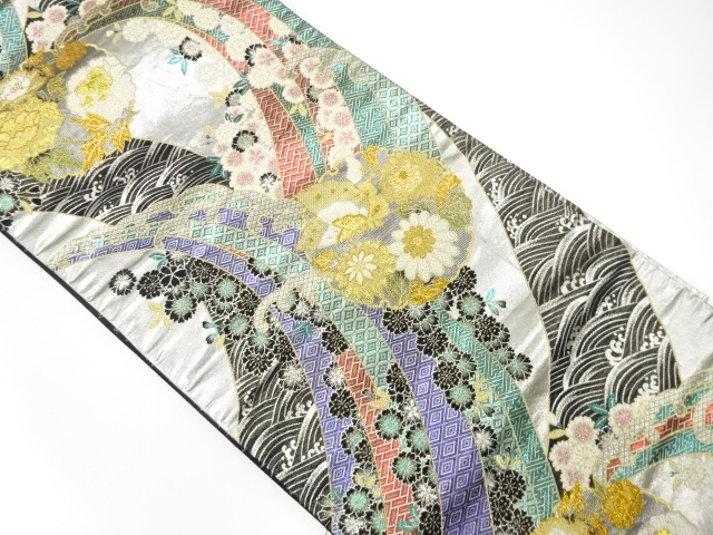 アンティーク　荒波に蝶・草花模様織り出し袋帯（材料）